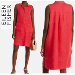 Eileen Fisher Red Organic Linen Sleeveless Shirt Dress Button Front size Medium